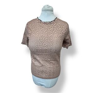 Zara Trafaluc Women’s Short Sleeve Stretchy Lace Sheer Top Y2K Boho Rose Gold S